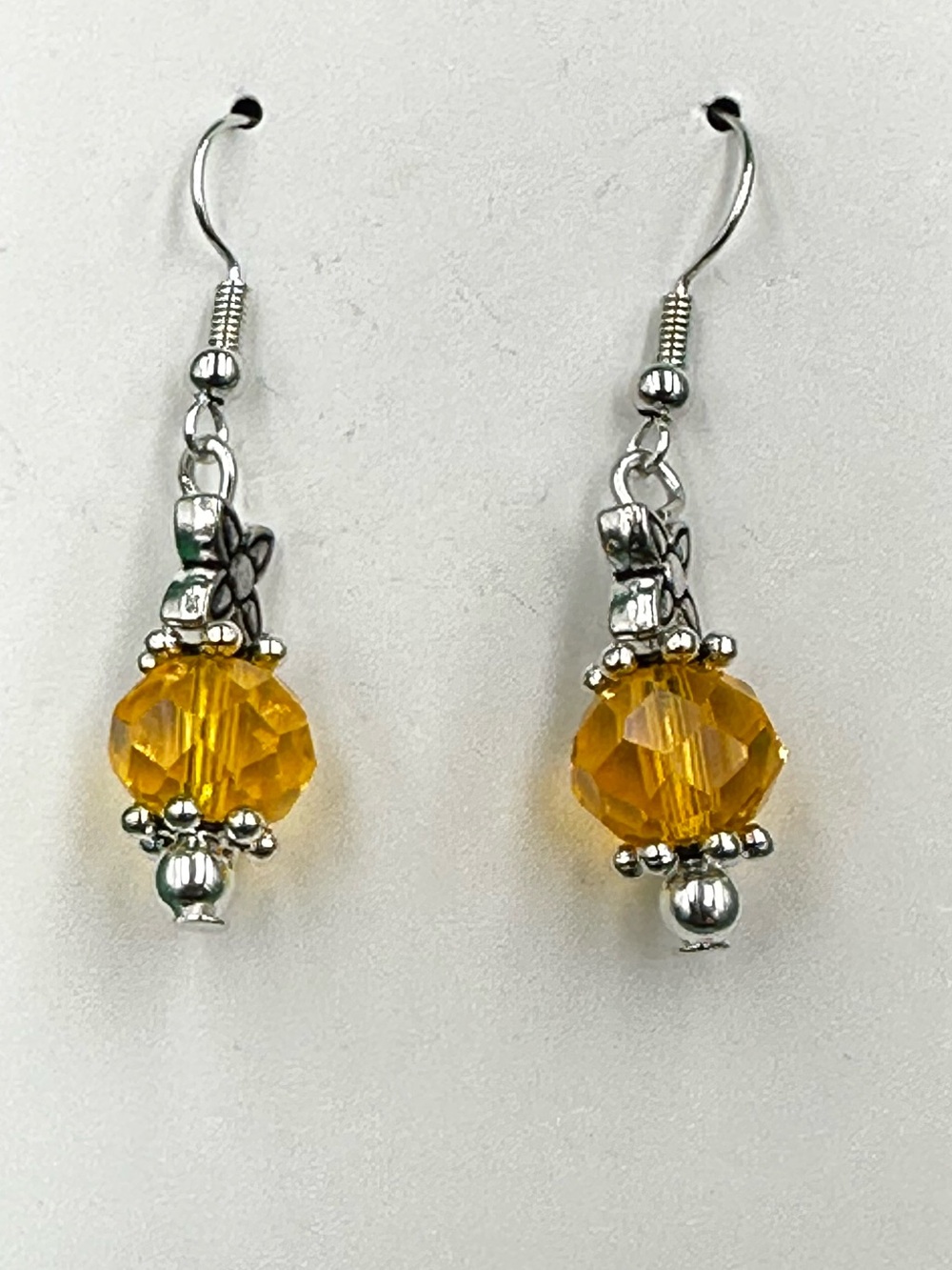 Handmade Silver Tone Faceted Yellow Crystal Flower Drop Dangle Earrings